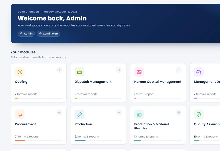 Screenshot of the Enterprise ERP dashboard