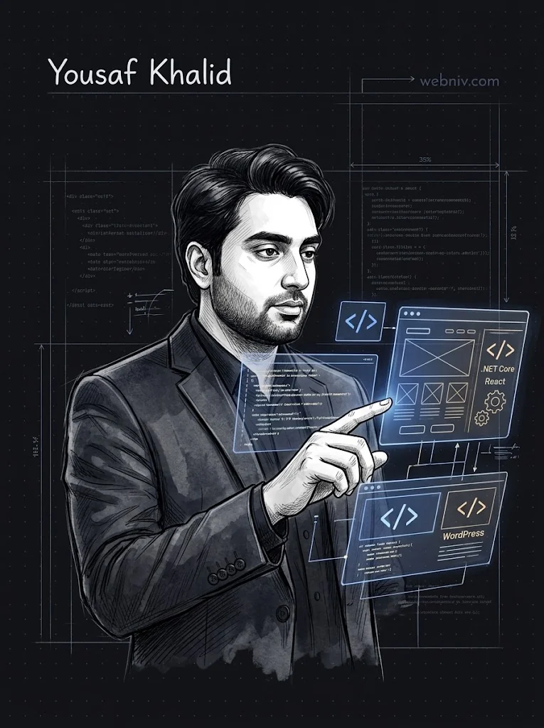 Illustration of Yousaf Khalid working with floating web app panels for .NET Core, React and WordPress